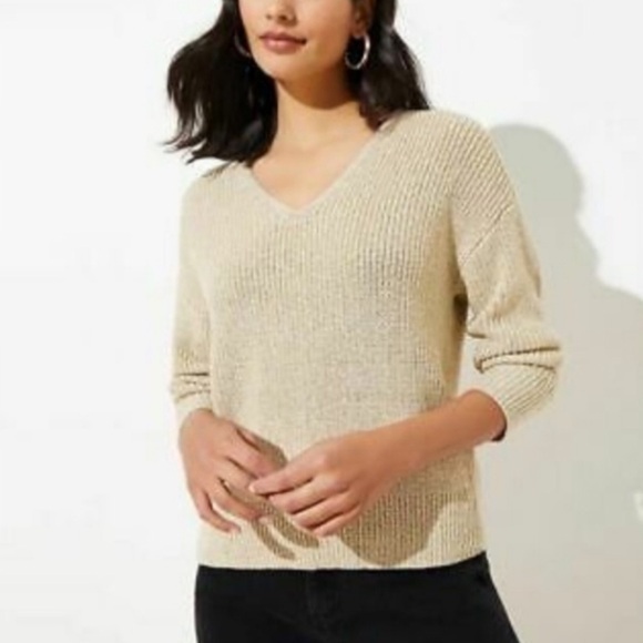 LOFT Beige Tie Back Double V Shimmer Sweater - Picture 3 of 11